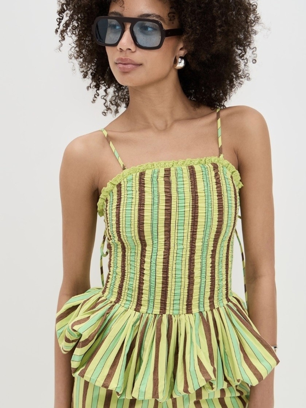 Damson Madder Striped Lime Green & Brown Smocked Peplum Tank